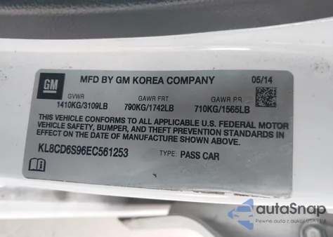 2014 Chevrolet Spark 1Lt Auto z USA, uszkodzony, nr VIN KL8CD6S96EC561253